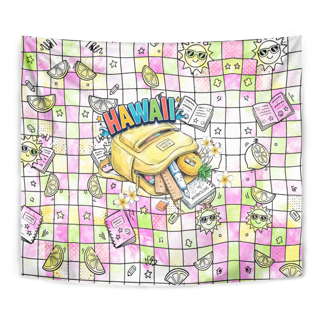 Hawaii Cruising Back To School Tapestry Grid Pattern With School Bag And Vintage Surf Van