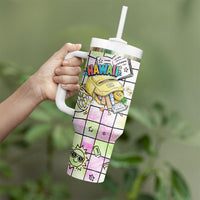 Hawaii Cruising Back To School Tumbler With Handle Grid Pattern With School Bag And Vintage Surf Van