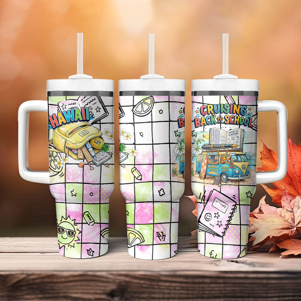 Hawaii Cruising Back To School Tumbler With Handle Grid Pattern With School Bag And Vintage Surf Van