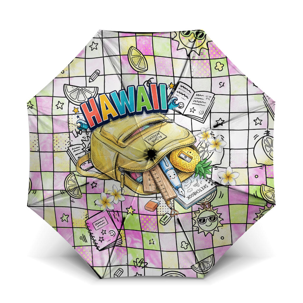 Hawaii Cruising Back To School Umbrella Grid Pattern With School Bag And Vintage Surf Van