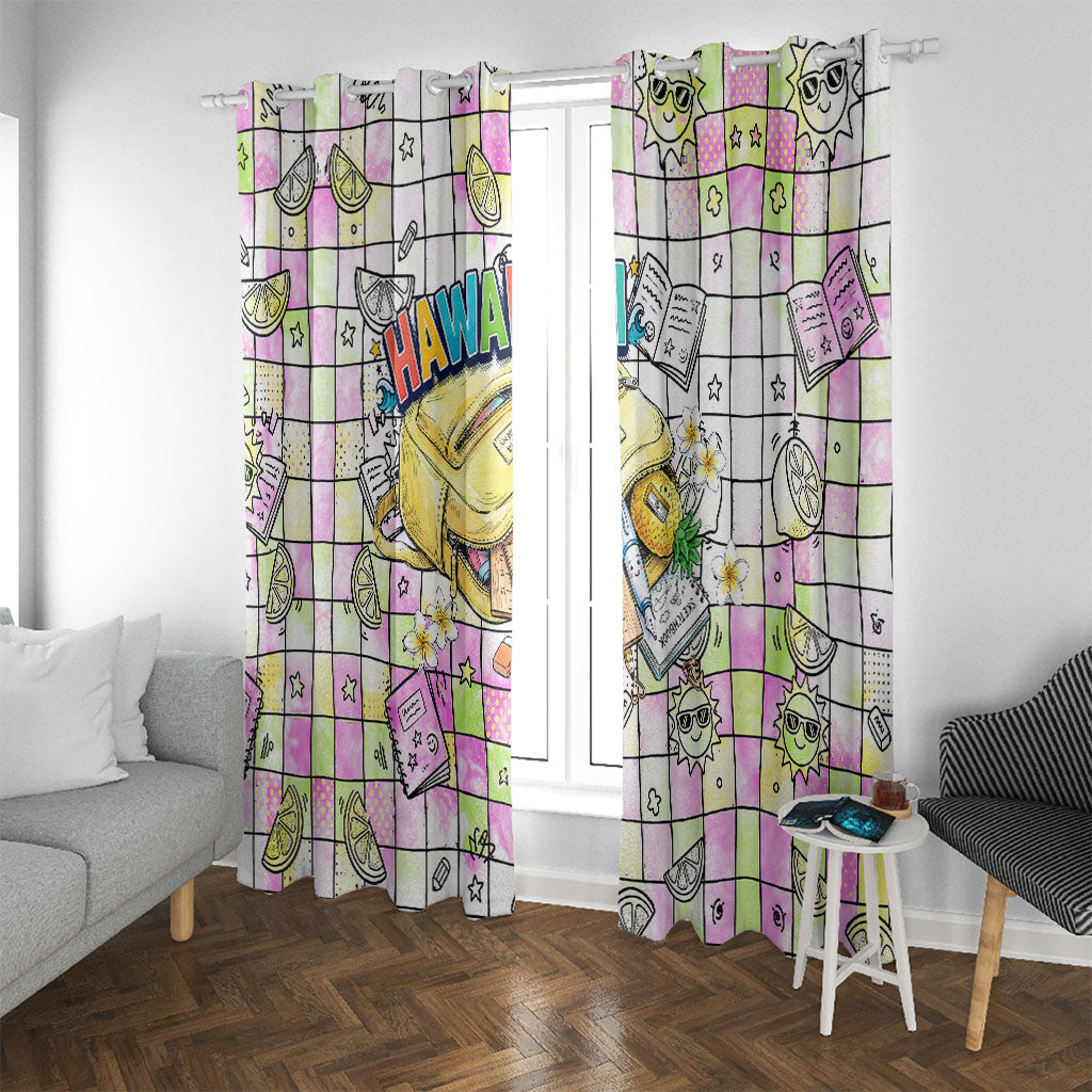 Hawaii Cruising Back To School Window Curtain Grid Pattern With School Bag And Vintage Surf Van