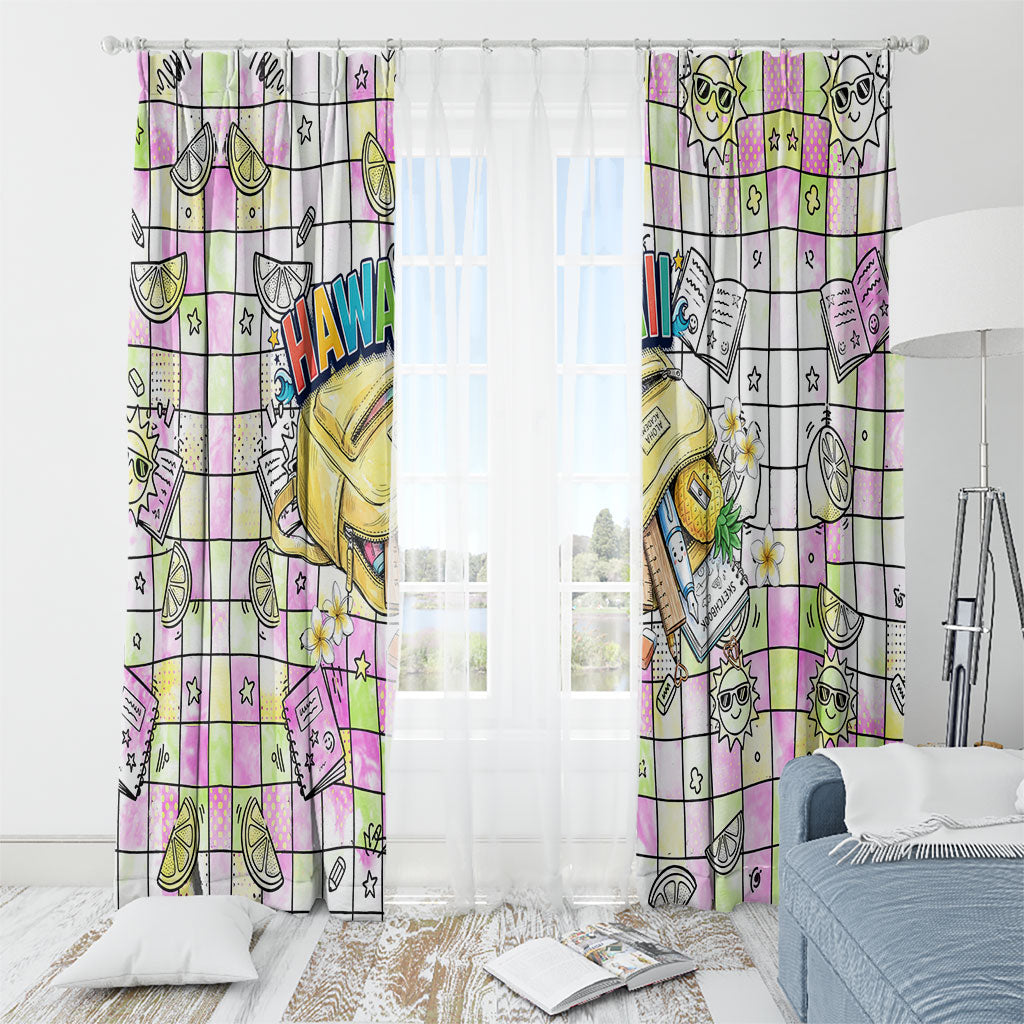Hawaii Cruising Back To School Window Curtain Grid Pattern With School Bag And Vintage Surf Van