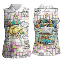 Hawaii Cruising Back To School Women Sleeveless Polo Shirt Grid Pattern With School Bag And Vintage Surf Van