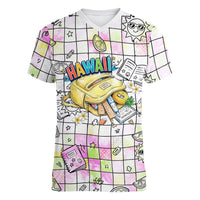 Hawaii Cruising Back To School Women V-Neck T-Shirt Grid Pattern With School Bag And Vintage Surf Van