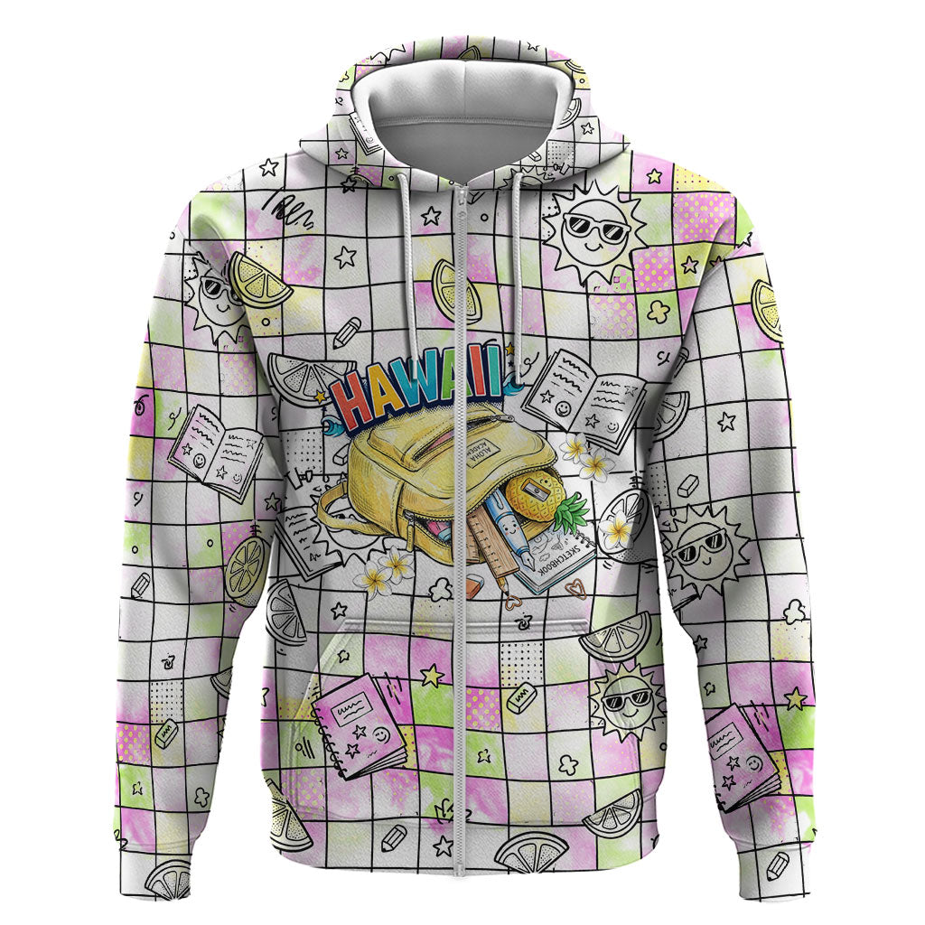 Hawaii Cruising Back To School Zip Hoodie Grid Pattern With School Bag And Vintage Surf Van