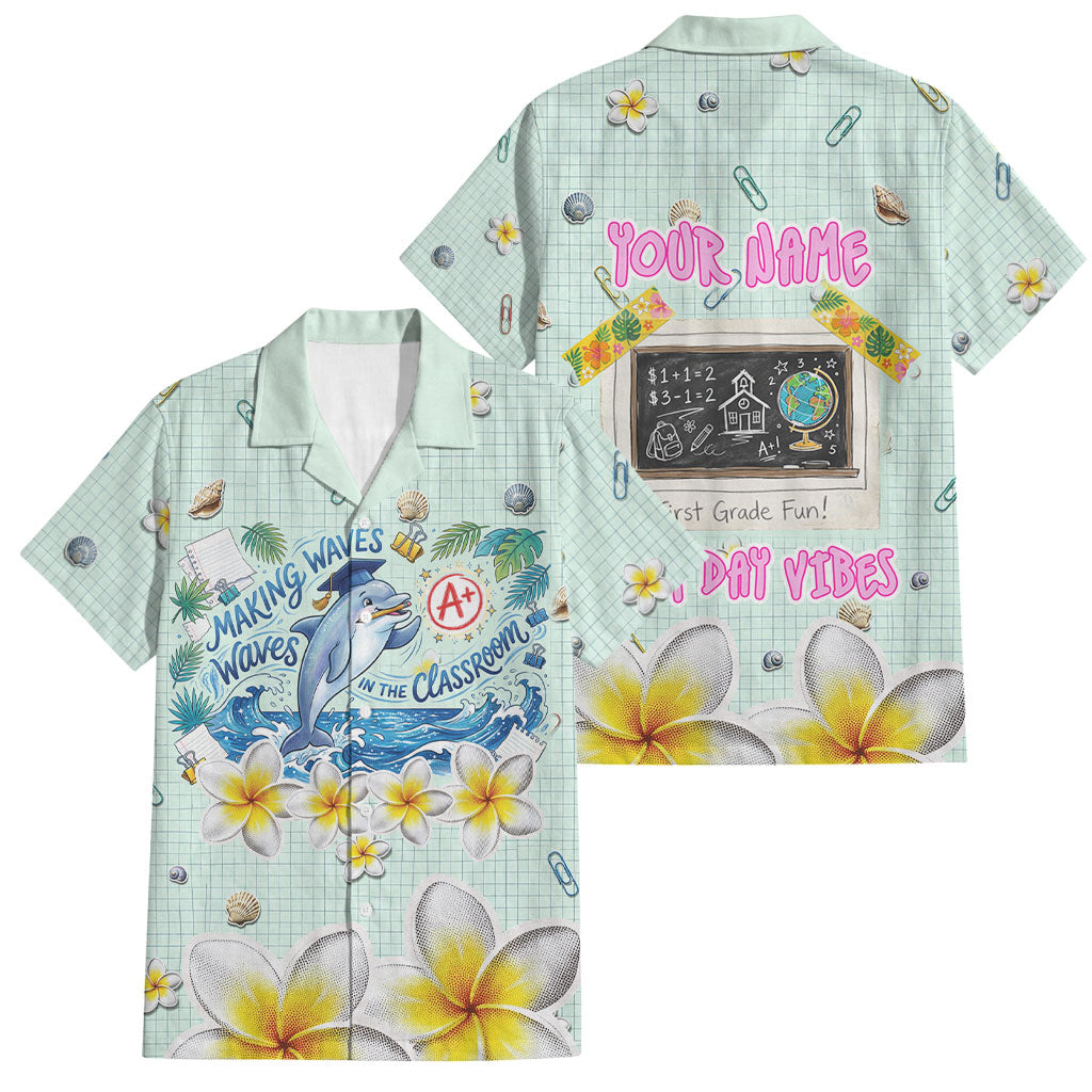 Personalized Hawaii Back To School Dolphin Family Matching Off Shoulder Short Dress and Hawaiian Shirt Grid Notebook Background With Dolphin Mascot And Plumeria Flowers TS04 Dad's Shirt - Short Sleeve Green White - Polynesian Pride