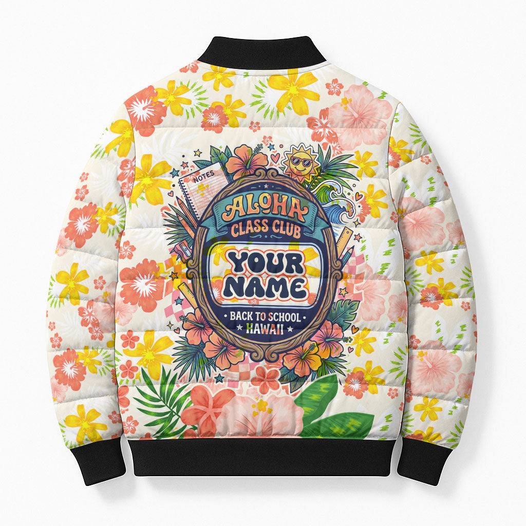 Personalized Hawaii School Club Back To Class Bomber Puffer Jacket Retro Tropical Hibiscus Pattern With Open Notebook TS04 - Polynesian Pride