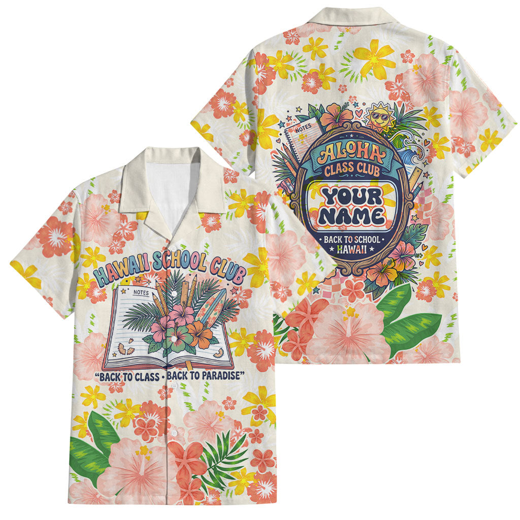 Personalized Hawaii School Club Back To Class Family Matching Mermaid Dress and Hawaiian Shirt Retro Tropical Hibiscus Pattern With Open Notebook TS04 Dad's Shirt - Short Sleeve White Orange - Polynesian Pride