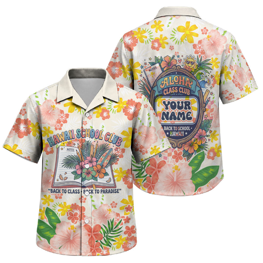 Personalized Hawaii School Club Back To Class Family Matching Short Sleeve Bodycon Dress and Hawaiian Shirt Retro Tropical Hibiscus Pattern With Open Notebook TS04 Son's Shirt White Orange - Polynesian Pride