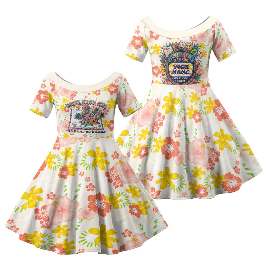 Personalized Hawaii School Club Back To Class Family Matching Tank Maxi Dress and Hawaiian Shirt Retro Tropical Hibiscus Pattern With Open Notebook TS04 Daughter's Dress White Orange - Polynesian Pride