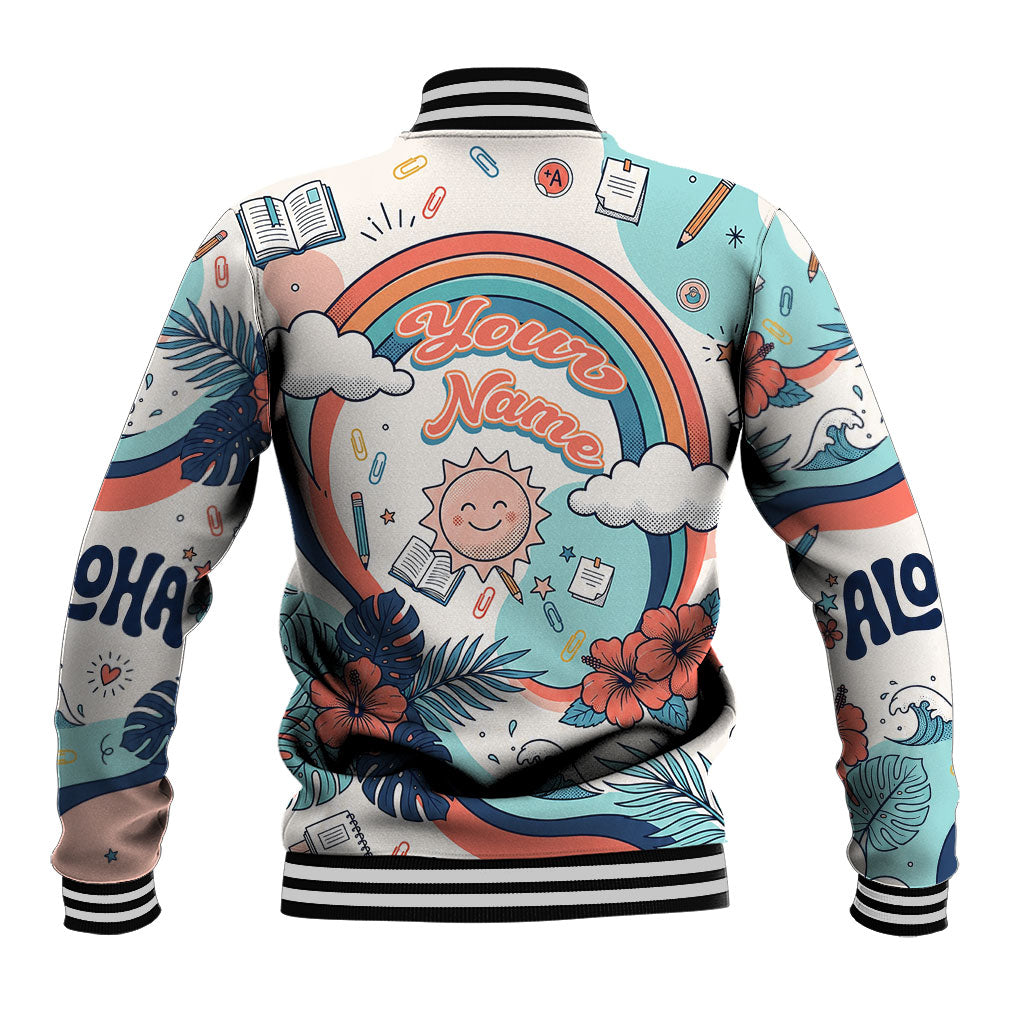 Personalized Hawaii Back To School Baseball Jacket Retro Rainbow Sun with Tropical Hibiscus Flowers TS04 - Polynesian Pride