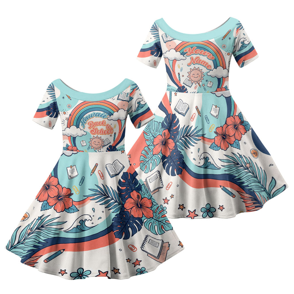 Personalized Hawaii Back To School Family Matching Off The Shoulder Long Sleeve Dress and Hawaiian Shirt Retro Rainbow Sun with Tropical Hibiscus Flowers TS04 Daughter's Dress White Blue - Polynesian Pride