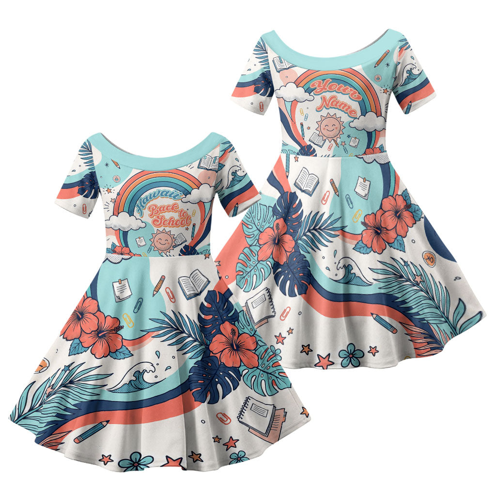 Personalized Hawaii Back To School Family Matching Off Shoulder Short Dress and Hawaiian Shirt Retro Rainbow Sun with Tropical Hibiscus Flowers TS04 Daughter's Dress White Blue - Polynesian Pride
