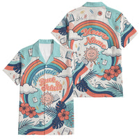 Personalized Hawaii Back To School Family Matching Short Sleeve Bodycon Dress and Hawaiian Shirt Retro Rainbow Sun with Tropical Hibiscus Flowers TS04 Dad's Shirt - Short Sleeve White Blue - Polynesian Pride