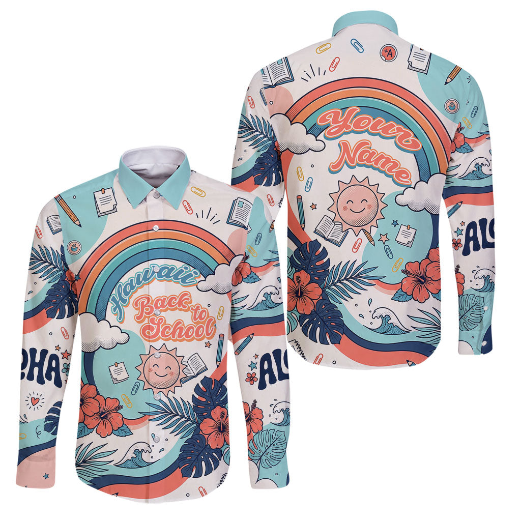 Personalized Hawaii Back To School Family Matching Tank Maxi Dress and Hawaiian Shirt Retro Rainbow Sun with Tropical Hibiscus Flowers TS04 Dad's Shirt - Long Sleeve White Blue - Polynesian Pride