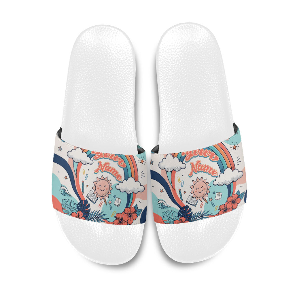 Personalized Hawaii Back To School Slide Sandals Retro Rainbow Sun with Tropical Hibiscus Flowers TS04 White Blue - Polynesian Pride