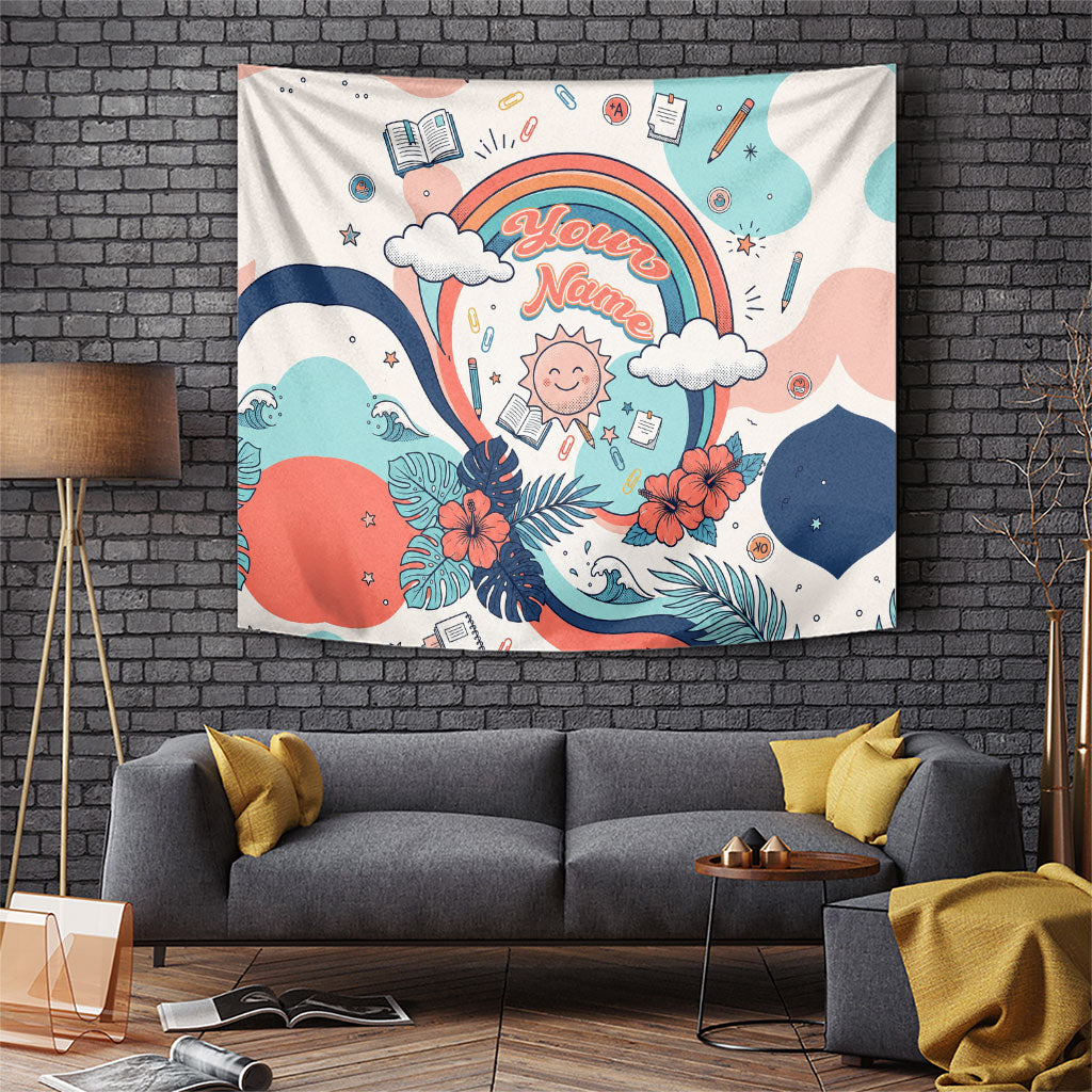 Personalized Hawaii Back To School Tapestry Retro Rainbow Sun with Tropical Hibiscus Flowers TS04 White Blue - Polynesian Pride