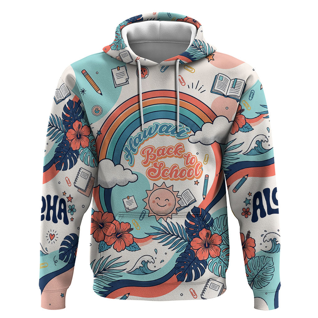 Personalized Hawaii Back To School Zip Hoodie Retro Rainbow Sun with Tropical Hibiscus Flowers TS04 Pullover Hoodie White Blue - Polynesian Pride