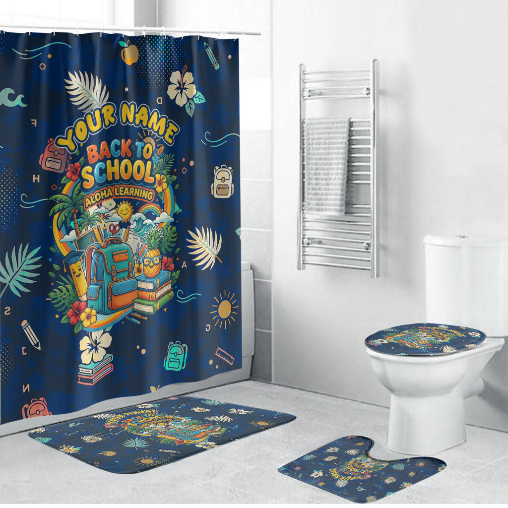 Personalized Hawaii Back To School Aloha Learning Bathroom Set Retro Rainbow open Notebook with Pineapple and Hibiscus Flowers TS04 Bathroom Set (4 pcs) Blue - Polynesian Pride