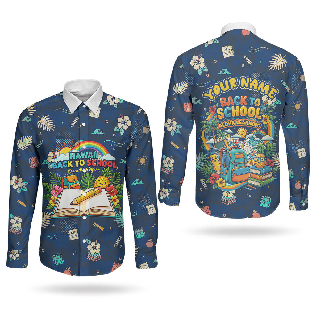 Personalized Hawaii Back To School Aloha Learning Couples Matching Mermaid Dress and Long Sleeve Button Shirt Retro Rainbow open Notebook with Pineapple and Hibiscus Flowers TS04 - Polynesian Pride
