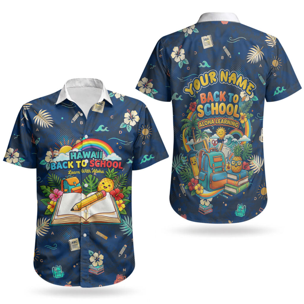 Personalized Hawaii Back To School Aloha Learning Couples Matching Off Shoulder Short Dress and Hawaiian Shirt Retro Rainbow open Notebook with Pineapple and Hibiscus Flowers TS04 - Polynesian Pride