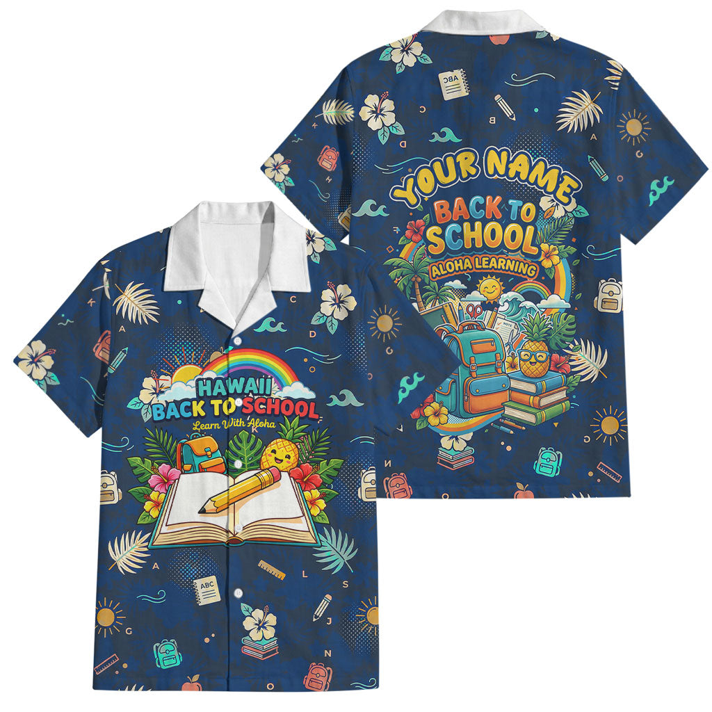 Personalized Hawaii Back To School Aloha Learning Family Matching Long Sleeve Bodycon Dress and Hawaiian Shirt Retro Rainbow open Notebook with Pineapple and Hibiscus Flowers TS04 Dad's Shirt - Short Sleeve Blue - Polynesian Pride