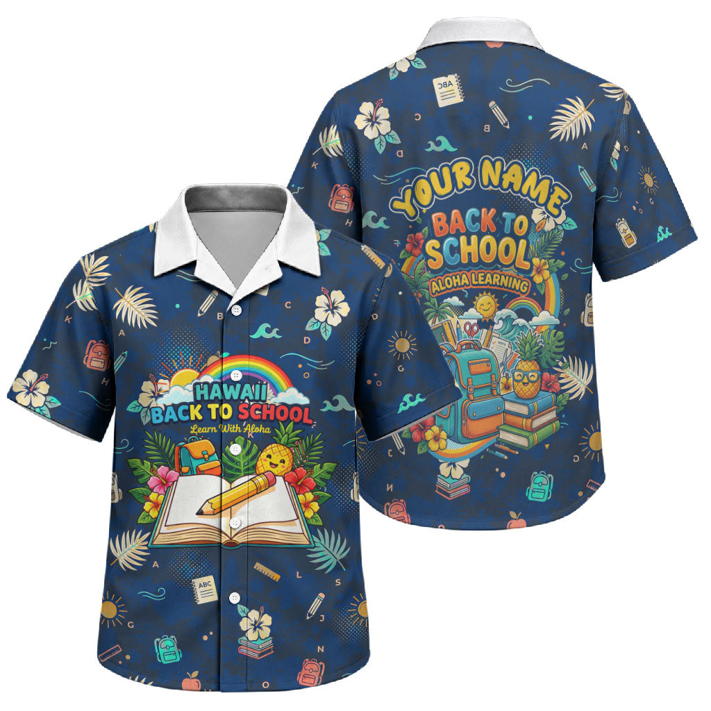 Personalized Hawaii Back To School Aloha Learning Family Matching Mermaid Dress and Hawaiian Shirt Retro Rainbow open Notebook with Pineapple and Hibiscus Flowers TS04 Son's Shirt Blue - Polynesian Pride
