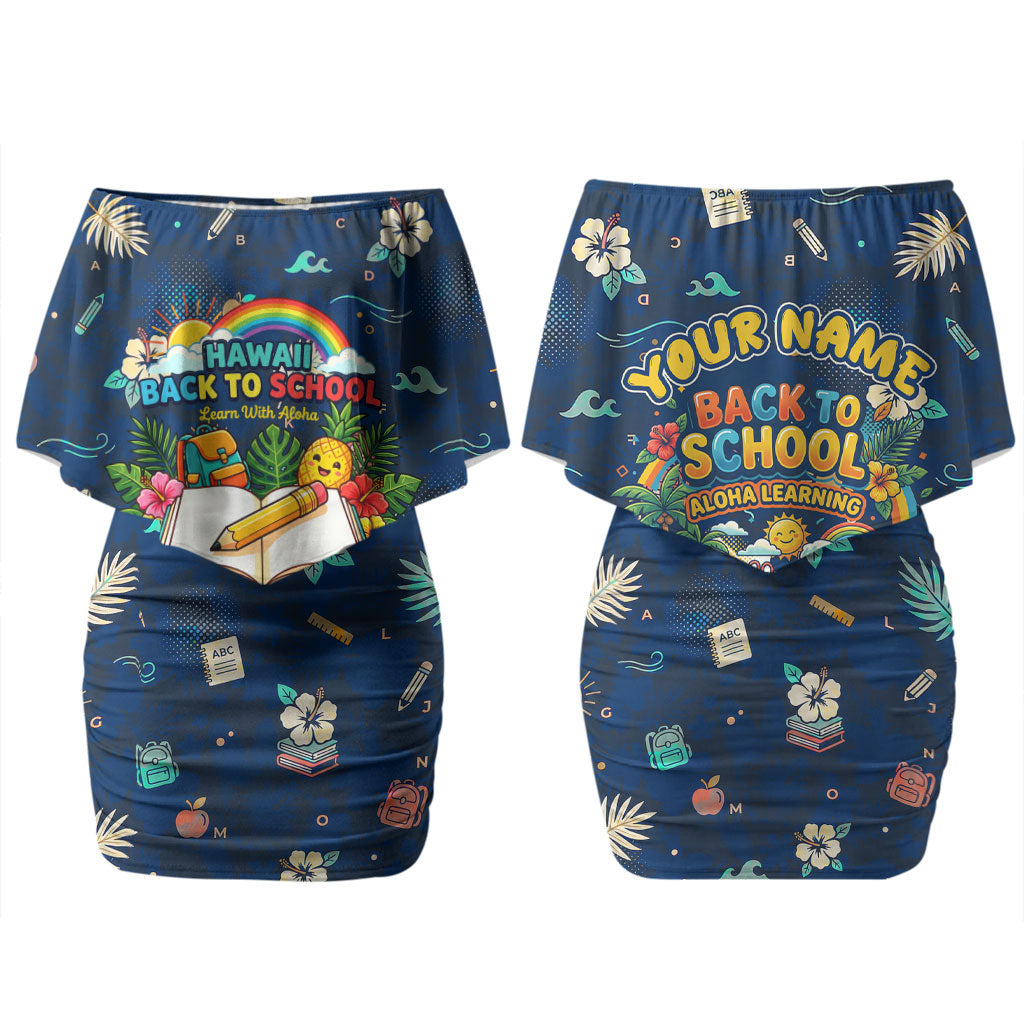 Personalized Hawaii Back To School Aloha Learning Family Matching Off Shoulder Short Dress and Hawaiian Shirt Retro Rainbow open Notebook with Pineapple and Hibiscus Flowers TS04 Mom's Dress Blue - Polynesian Pride