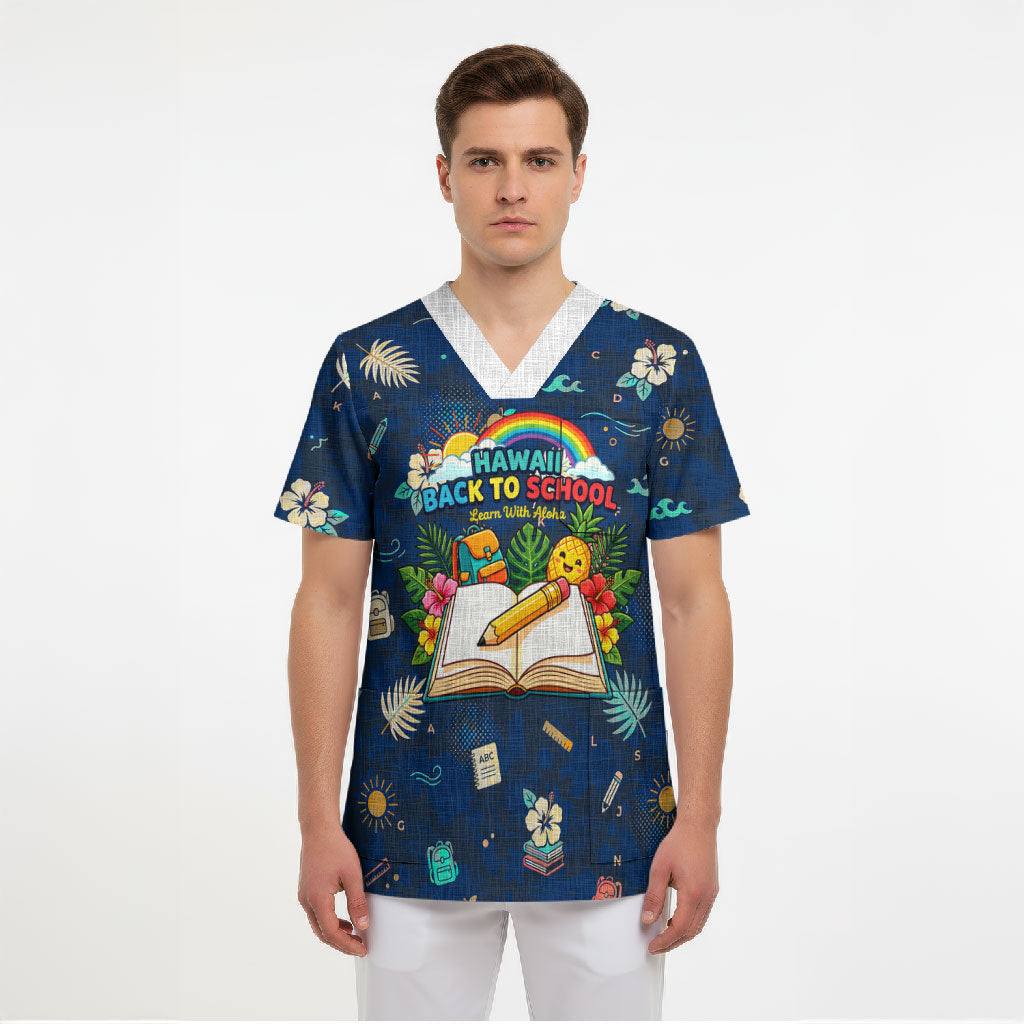 Personalized Hawaii Back To School Aloha Learning Scrub Top Retro Rainbow open Notebook with Pineapple and Hibiscus Flowers TS04 - Polynesian Pride