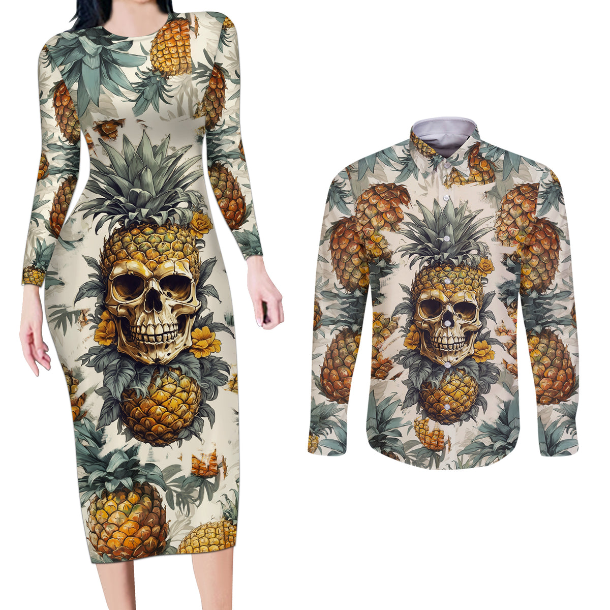 Pineapple Skull Couples Matching Long Sleeve Bodycon Dress and Long Sleeve Button Shirts Summer Paradise TS04 - Polynesian Pride