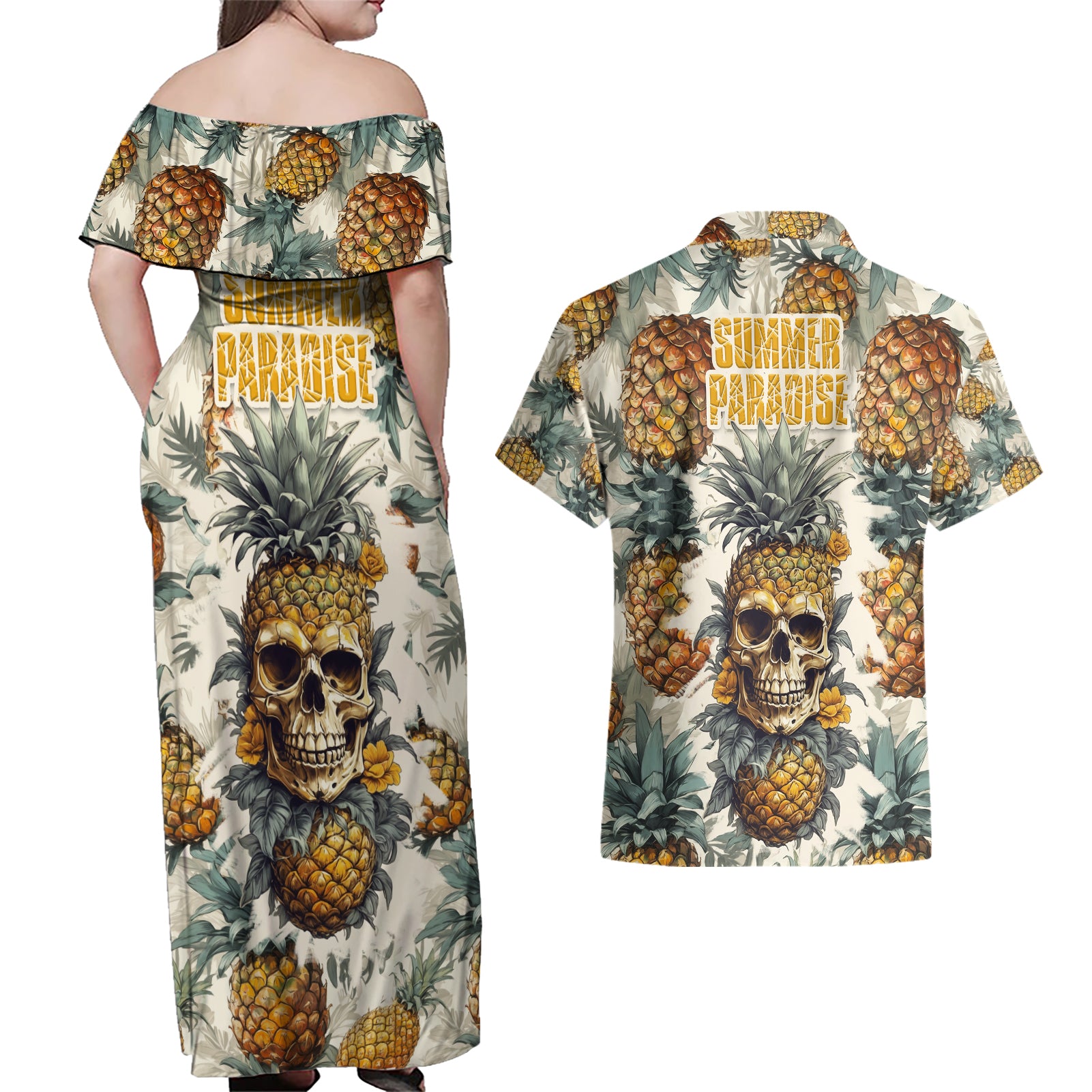 Pineapple Skull Couples Matching Off Shoulder Maxi Dress and Hawaiian Shirt Summer Paradise TS04 Multicolor - Polynesian Pride