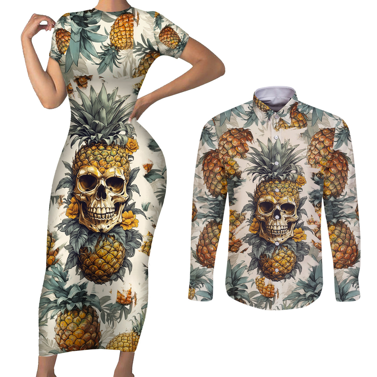 Pineapple Skull Couples Matching Short Sleeve Bodycon Dress and Long Sleeve Button Shirts Summer Paradise TS04 - Polynesian Pride