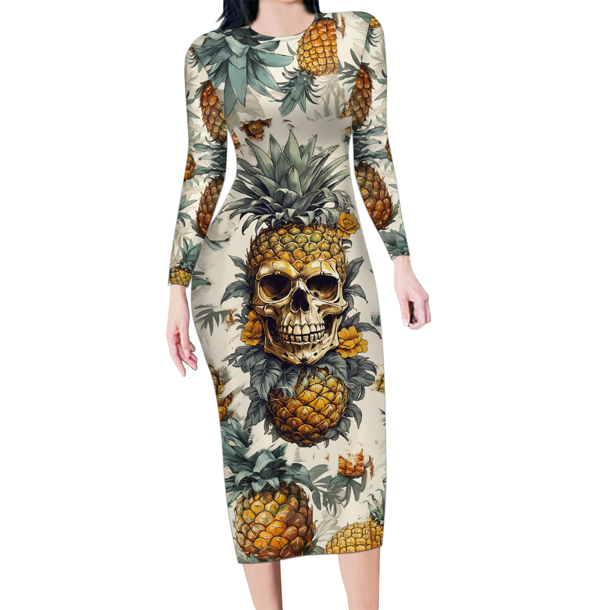 Pineapple Skull Family Matching Long Sleeve Bodycon Dress and Hawaiian Shirt Summer Paradise TS04 Mom's Dress Multicolor - Polynesian Pride