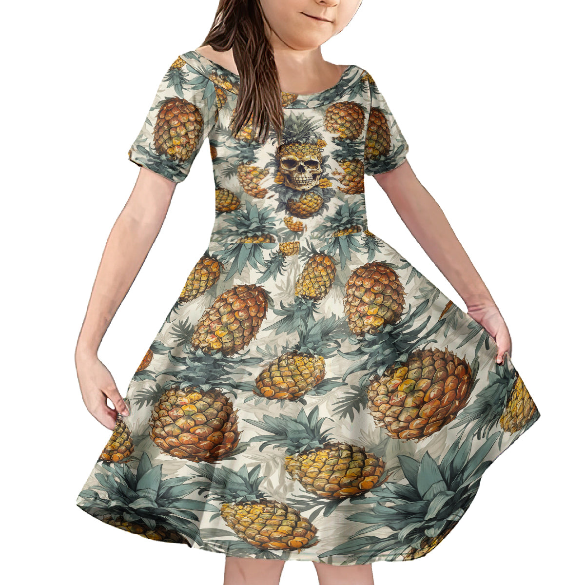 Pineapple Skull Family Matching Off Shoulder Long Sleeve Dress and Hawaiian Shirt Summer Paradise TS04 Daughter's Dress Multicolor - Polynesian Pride