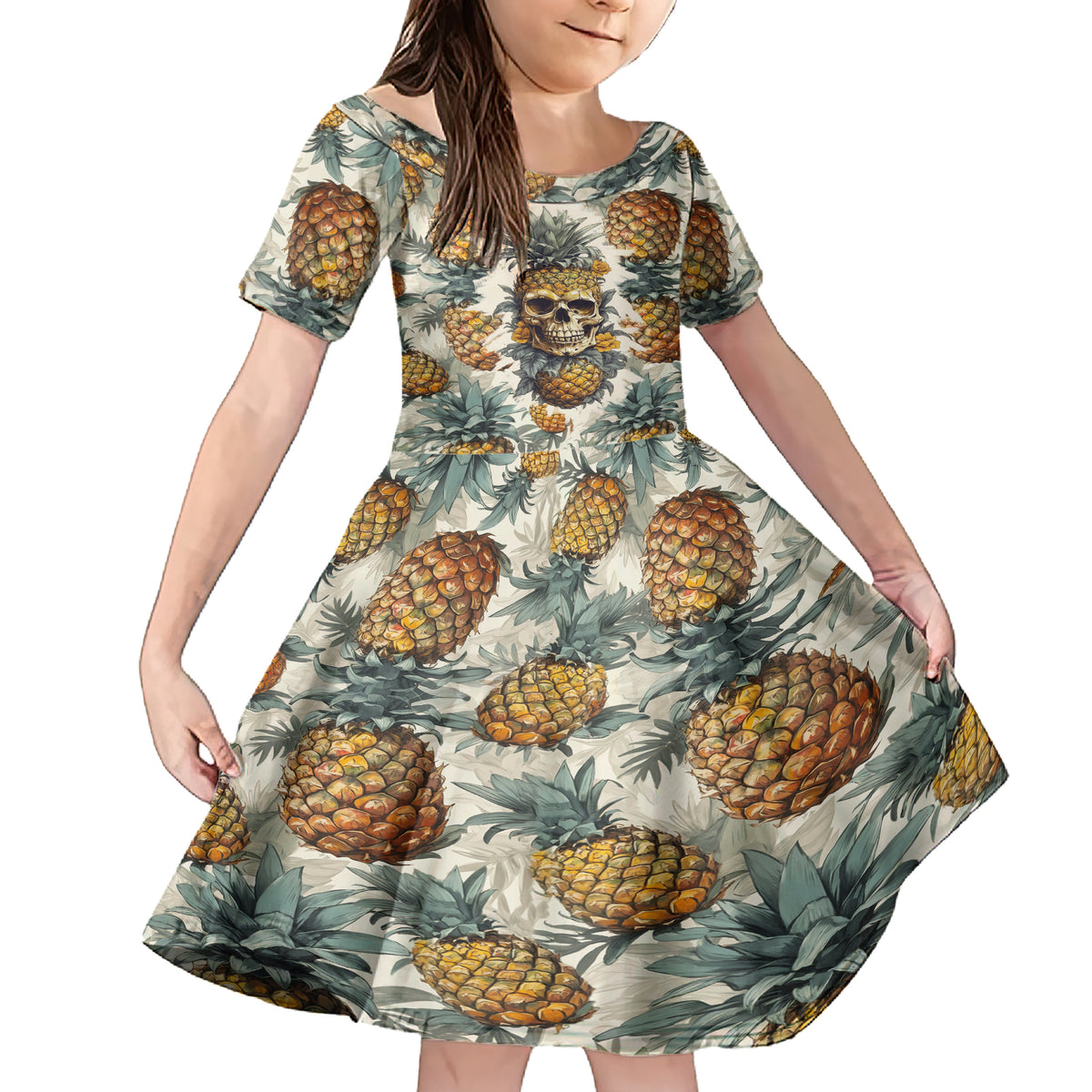 Pineapple Skull Family Matching Short Sleeve Bodycon Dress and Hawaiian Shirt Summer Paradise TS04 Daughter's Dress Multicolor - Polynesian Pride