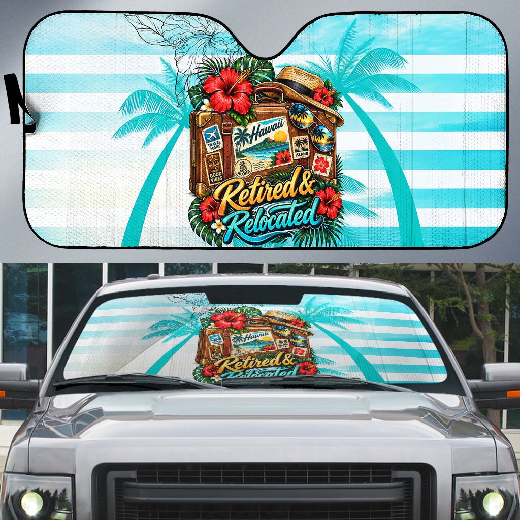 Out Of Office Retired Relocated Auto Sun Shade Tropical Island Hawaiian Beach Sunset Sunglasses Suitcase TS04 Blue White - Polynesian Pride
