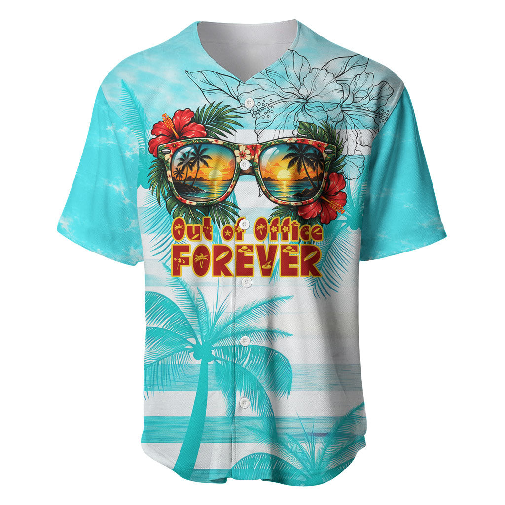 Out Of Office Retired Relocated Baseball Jersey Tropical Island Hawaiian Beach Sunset Sunglasses Suitcase TS04 Blue White - Polynesian Pride
