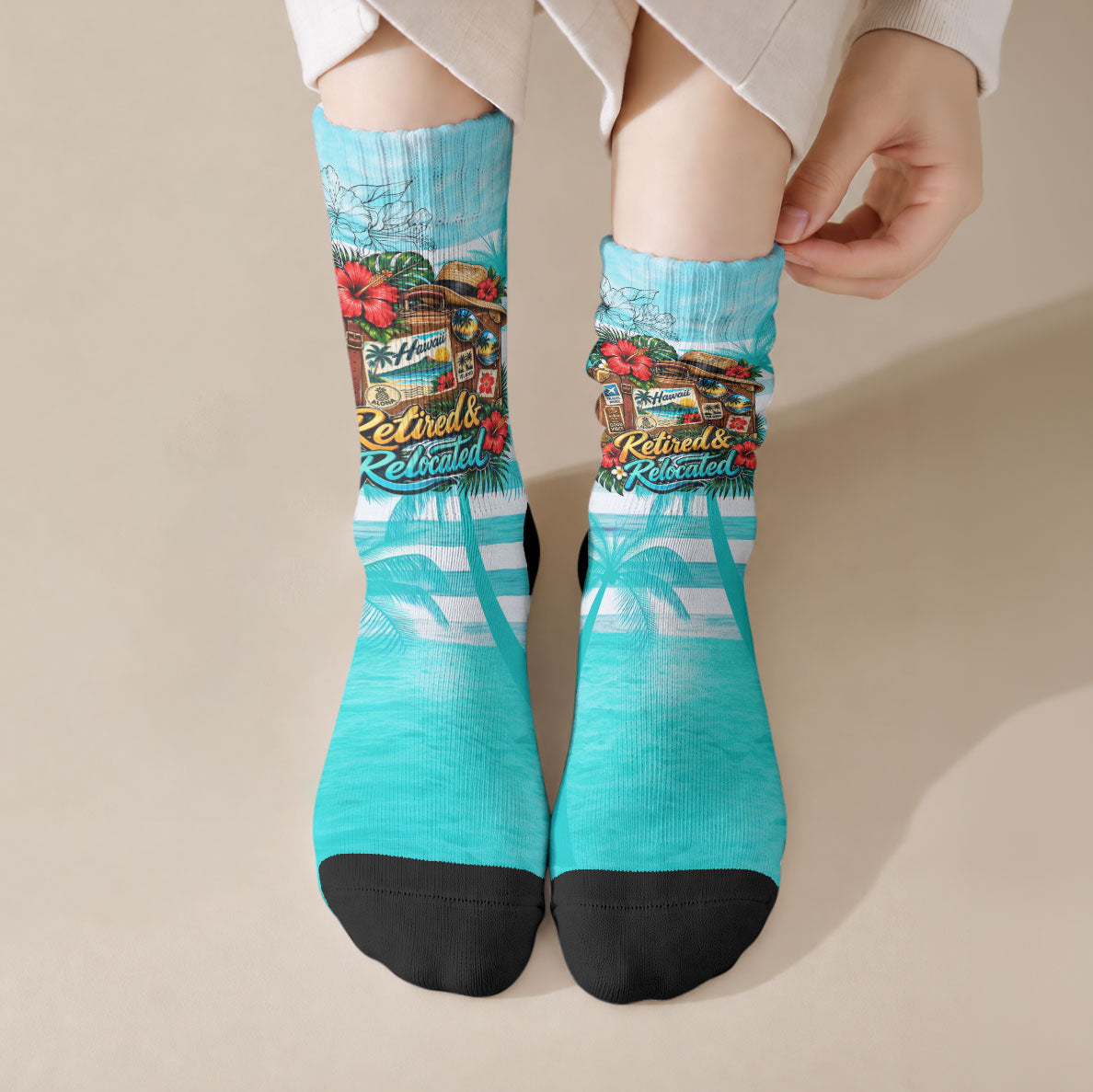 Out Of Office Retired Relocated Crew Socks Tropical Island Hawaiian Beach Sunset Sunglasses Suitcase TS04 Crew Socks Blue White - Polynesian Pride