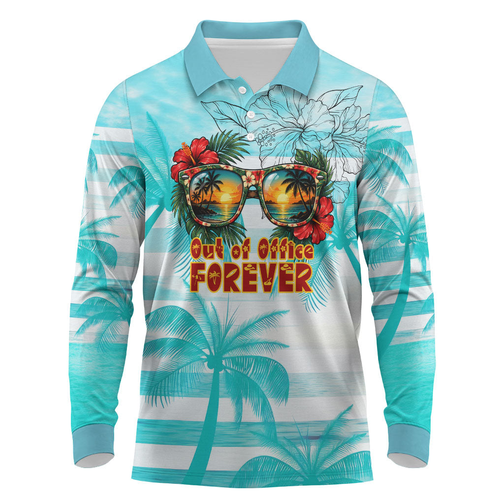 Out Of Office Retired Relocated Long Sleeve Polo Shirt Tropical Island Hawaiian Beach Sunset Sunglasses Suitcase TS04 Blue White - Polynesian Pride