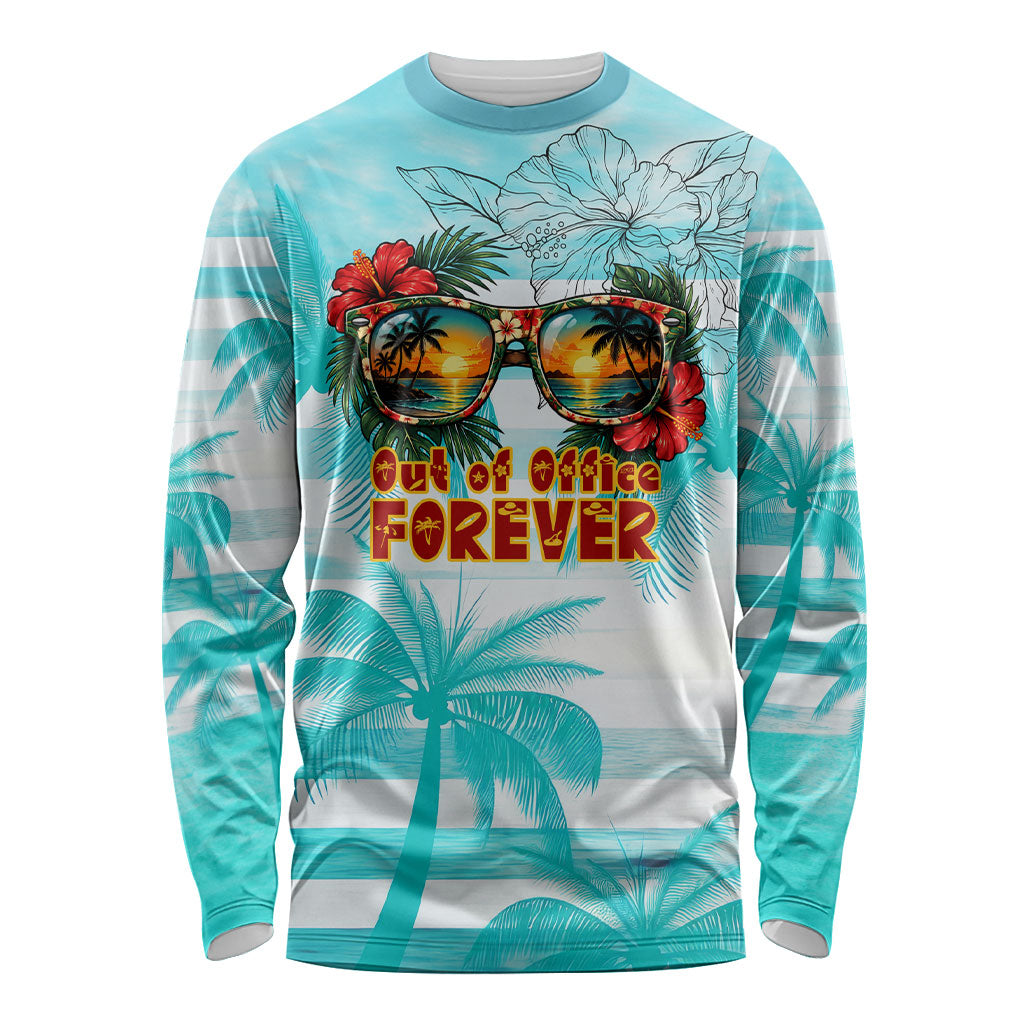 Out Of Office Retired Relocated Long Sleeve Shirt Tropical Island Hawaiian Beach Sunset Sunglasses Suitcase TS04 Unisex Blue White - Polynesian Pride
