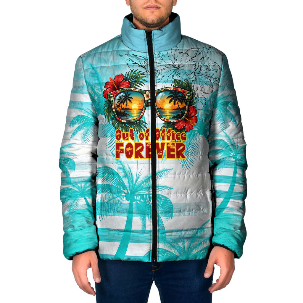 Out Of Office Retired Relocated Padded Jacket Tropical Island Hawaiian Beach Sunset Sunglasses Suitcase TS04 Men Blue White - Polynesian Pride