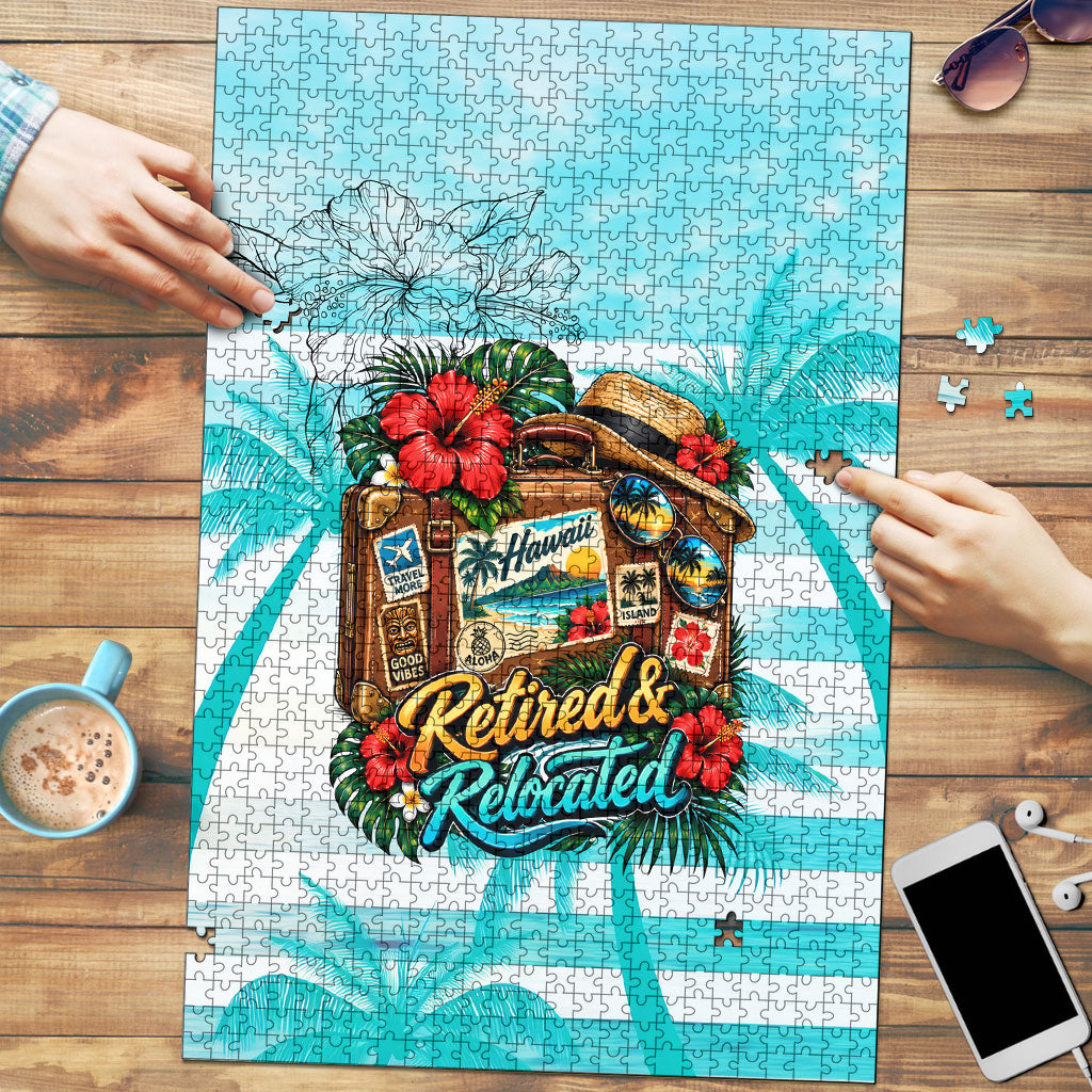 Out Of Office Retired Relocated Puzzle Tropical Island Hawaiian Beach Sunset Sunglasses Suitcase TS04 Blue White - Polynesian Pride