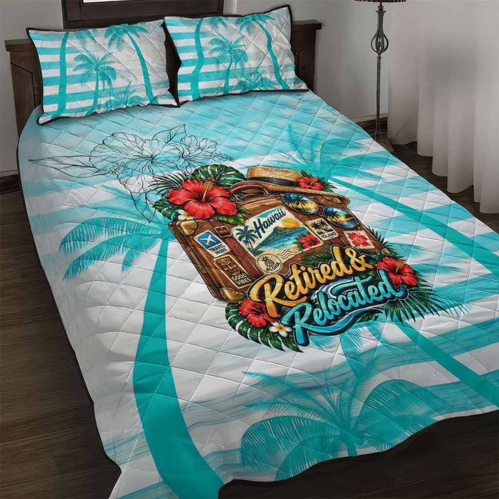 Out Of Office Retired Relocated Quilt Bed Set Tropical Island Hawaiian Beach Sunset Sunglasses Suitcase TS04 Blue White - Polynesian Pride
