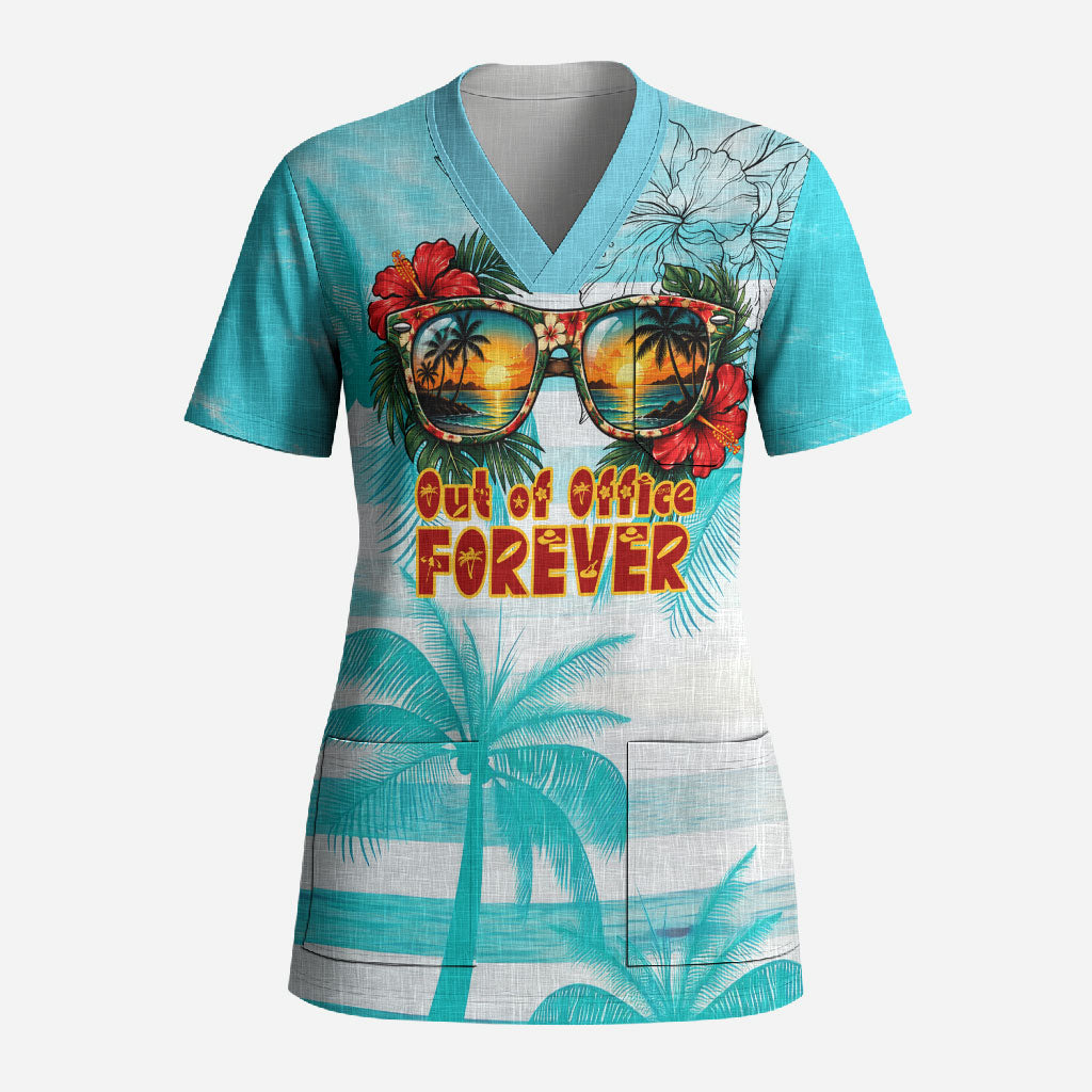 Out Of Office Retired Relocated Scrub Top Tropical Island Hawaiian Beach Sunset Sunglasses Suitcase TS04 Adult Blue White - Polynesian Pride
