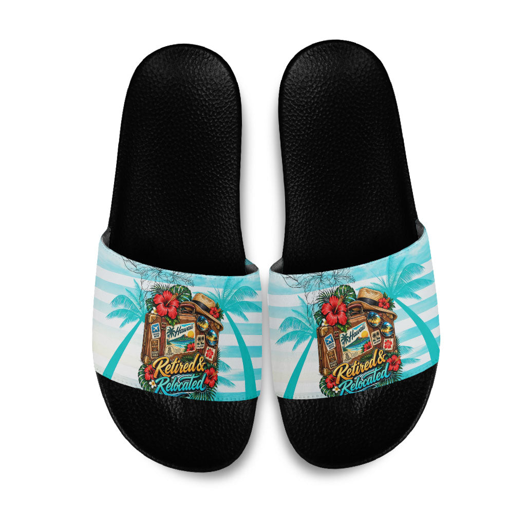 Out Of Office Retired Relocated Slide Sandals Tropical Island Hawaiian Beach Sunset Sunglasses Suitcase TS04 Blue White - Polynesian Pride