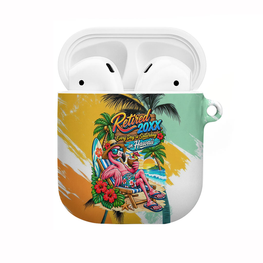 Hawaii Retirement Vacation AirPods Case Tropical Sunset Beach Pink Flamingo Surfboard Palm Tree TS04 Yellow Green - Polynesian Pride