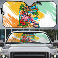 Hawaii Retirement Vacation Auto Sun Shade Tropical Sunset Beach Pink Flamingo Surfboard Palm Tree TS04 Yellow Green - Polynesian Pride