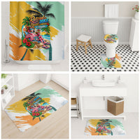 Hawaii Retirement Vacation Bathroom Set Tropical Sunset Beach Pink Flamingo Surfboard Palm Tree