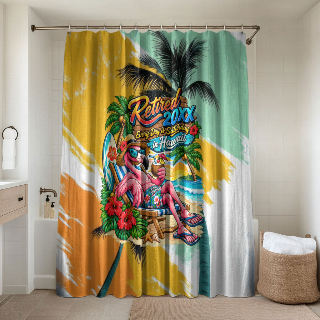 Hawaii Retirement Vacation Bathroom Set Tropical Sunset Beach Pink Flamingo Surfboard Palm Tree
