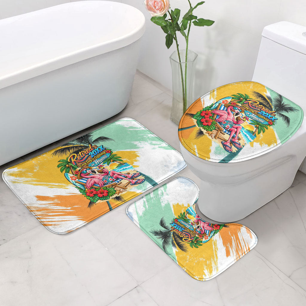 Hawaii Retirement Vacation Bathroom Set Tropical Sunset Beach Pink Flamingo Surfboard Palm Tree